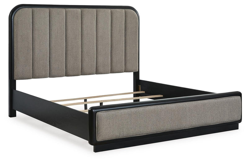 Rowanbeck King Upholstered Panel Bed, Dresser, Mirror and Nightstand