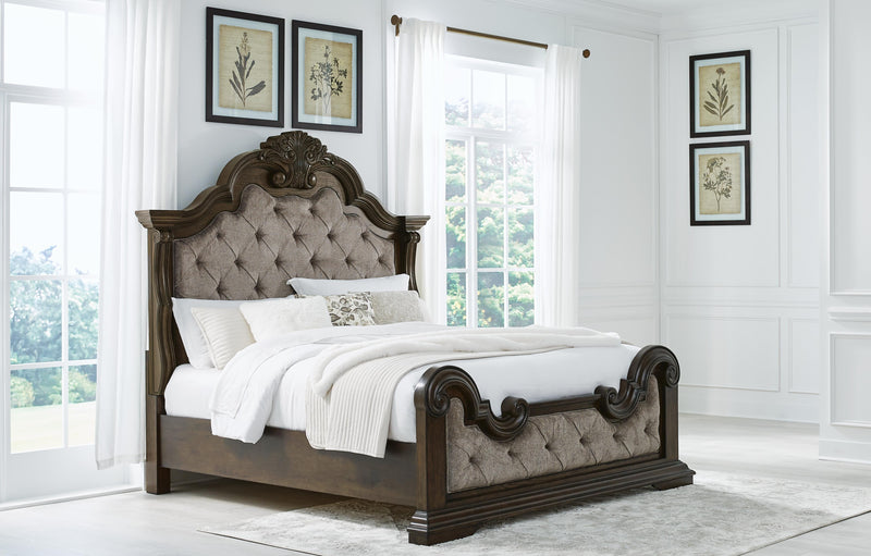 Maylee California King Upholstered Bed with Mirrored Dresser and Nightstand