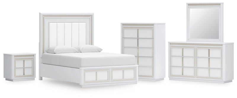 Chalanna Queen Upholstered Storage Bed, Dresser, Mirror, Chest and Nightstand