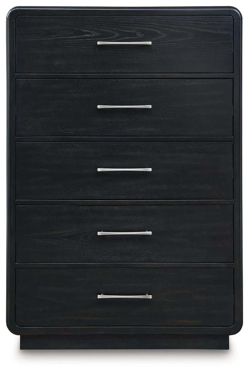 Rowanbeck King Upholstered Panel Bed, Dresser, Mirror, Chest and Nightstand