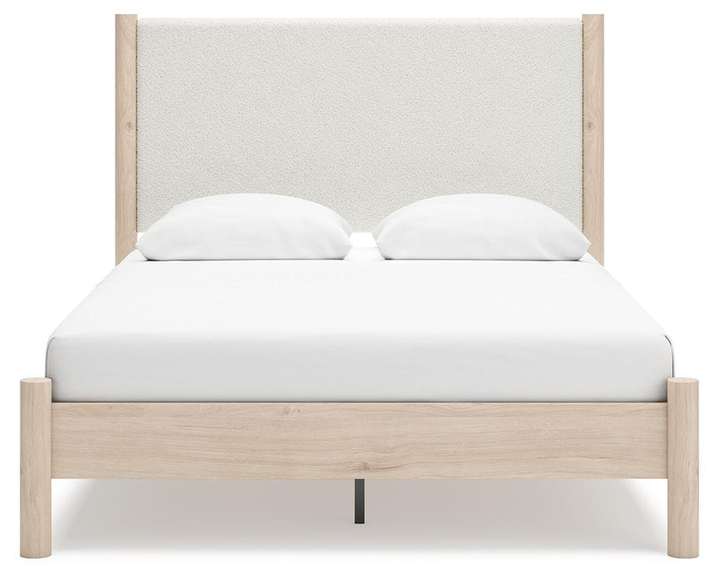 Cadmori Queen Upholstered Panel Bed with Mirrored Dresser, Chest and Nightstand