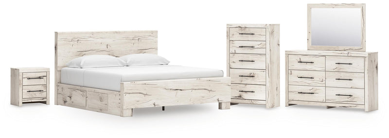 Lawroy King Panel Bed with Storage, Dresser, Mirror, Chest and Nightstand