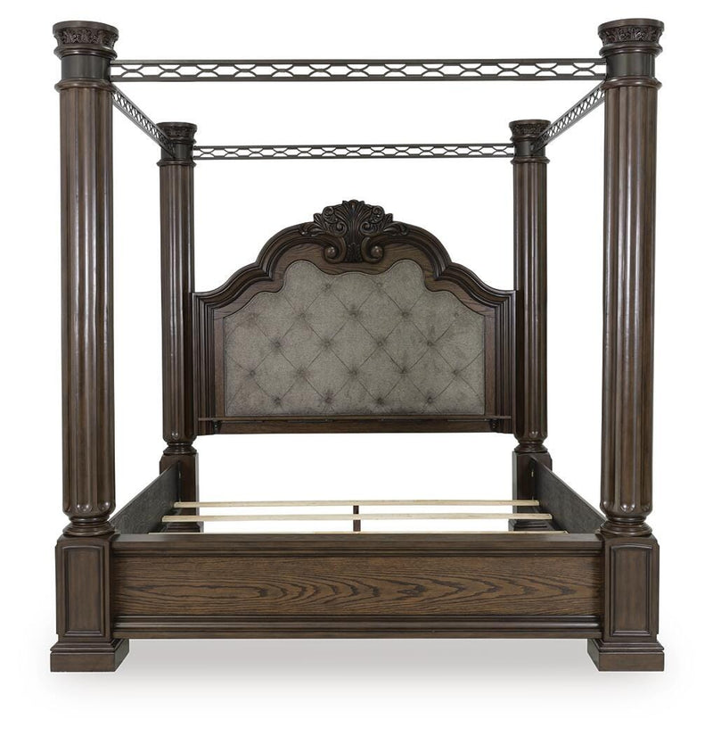 Maylee Queen Canopy Bed, Dresser, Mirror and Nightstand