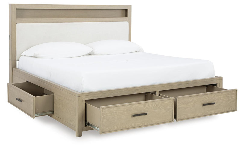 Calmoro King Bookcase Bed with Mirrored Dresser and Nightstand