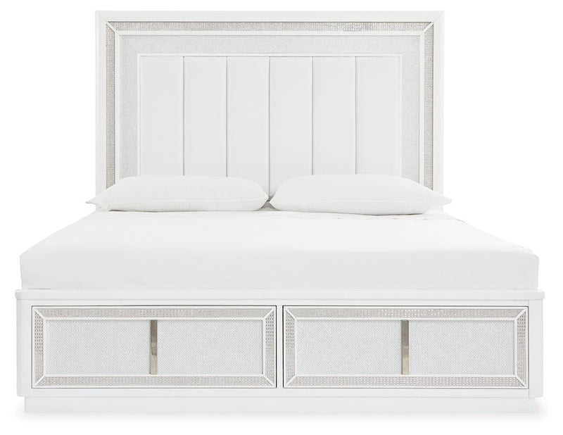 Chalanna King Upholstered Storage Bed, Dresser, Mirror, Chest and Nightstand