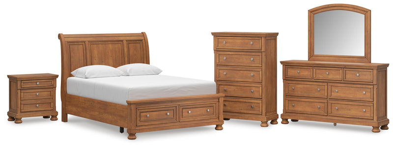Feddinger Queen Storage Sleigh Bed with Mirrored Dresser, Chest and Nightstand