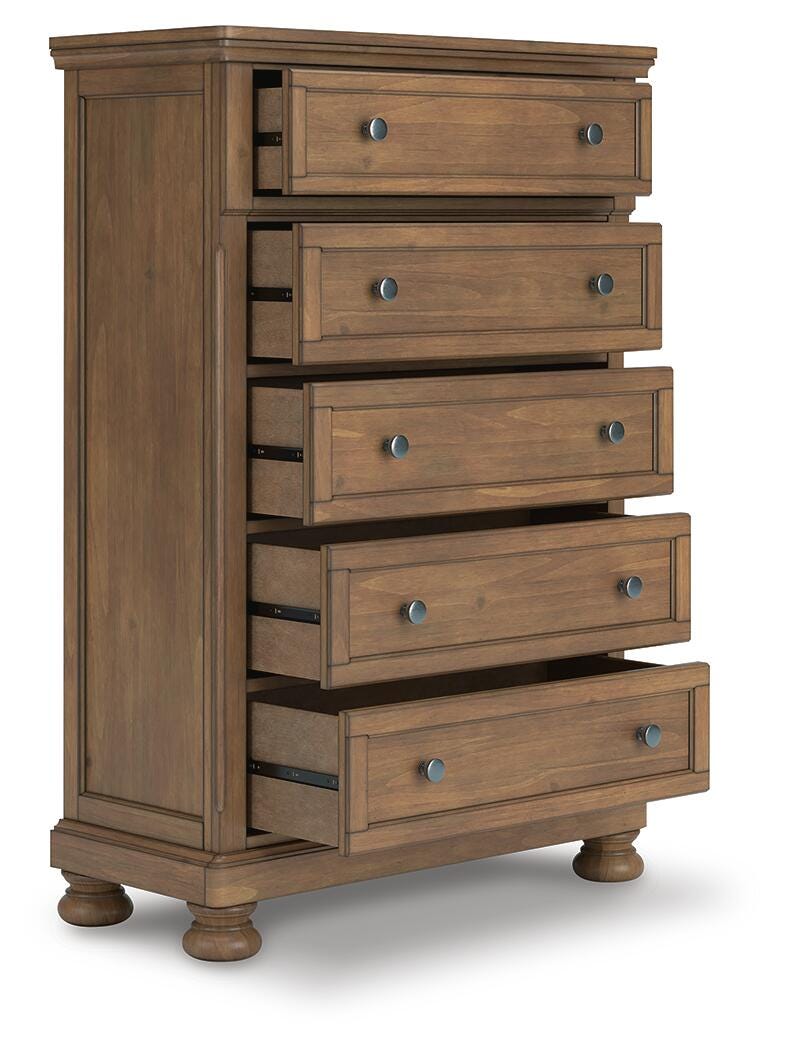 Feddinger Queen Storage Sleigh Bed with Mirrored Dresser, Chest and Nightstand