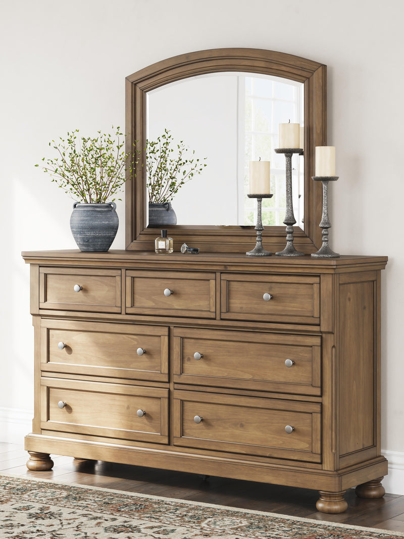 Feddinger Queen Storage Sleigh Bed with Mirrored Dresser, Chest and Nightstand