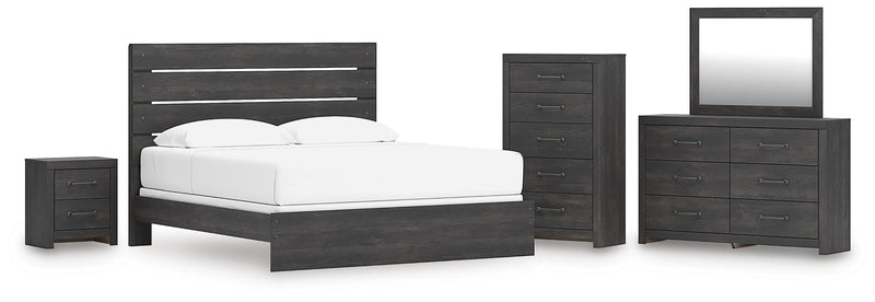 Hollivern King Panel Bed, Dresser, Mirror, Chest and Nightstand