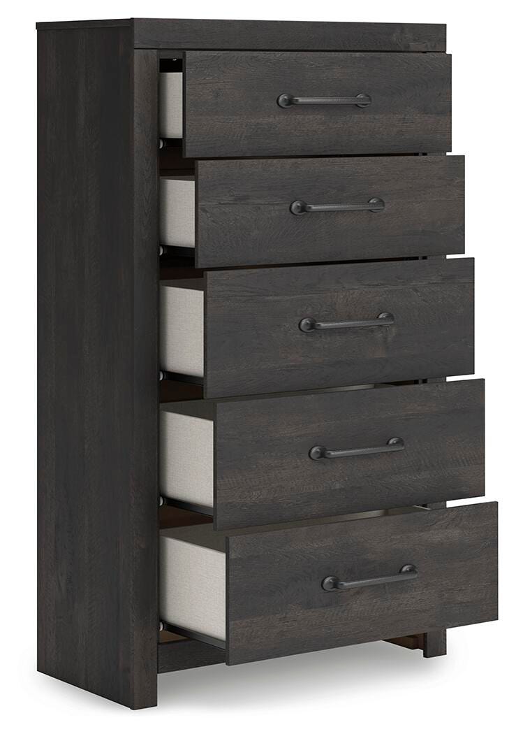 Hollivern King Panel Bed, Dresser, Mirror, Chest and Nightstand
