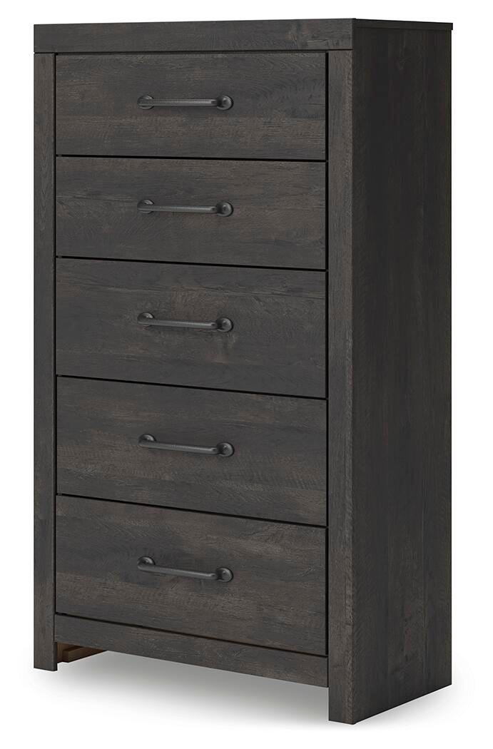 Hollivern King Panel Bed, Dresser, Mirror, Chest and Nightstand