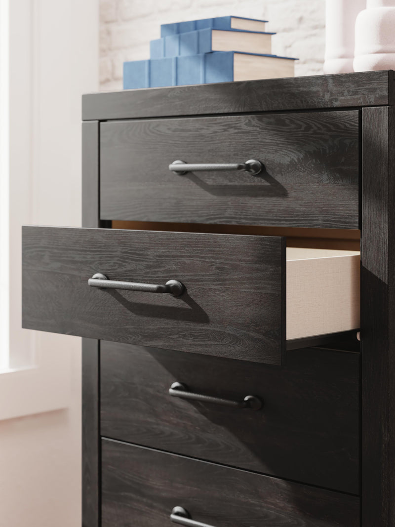 Hollivern King Panel Bed, Dresser, Mirror, Chest and Nightstand