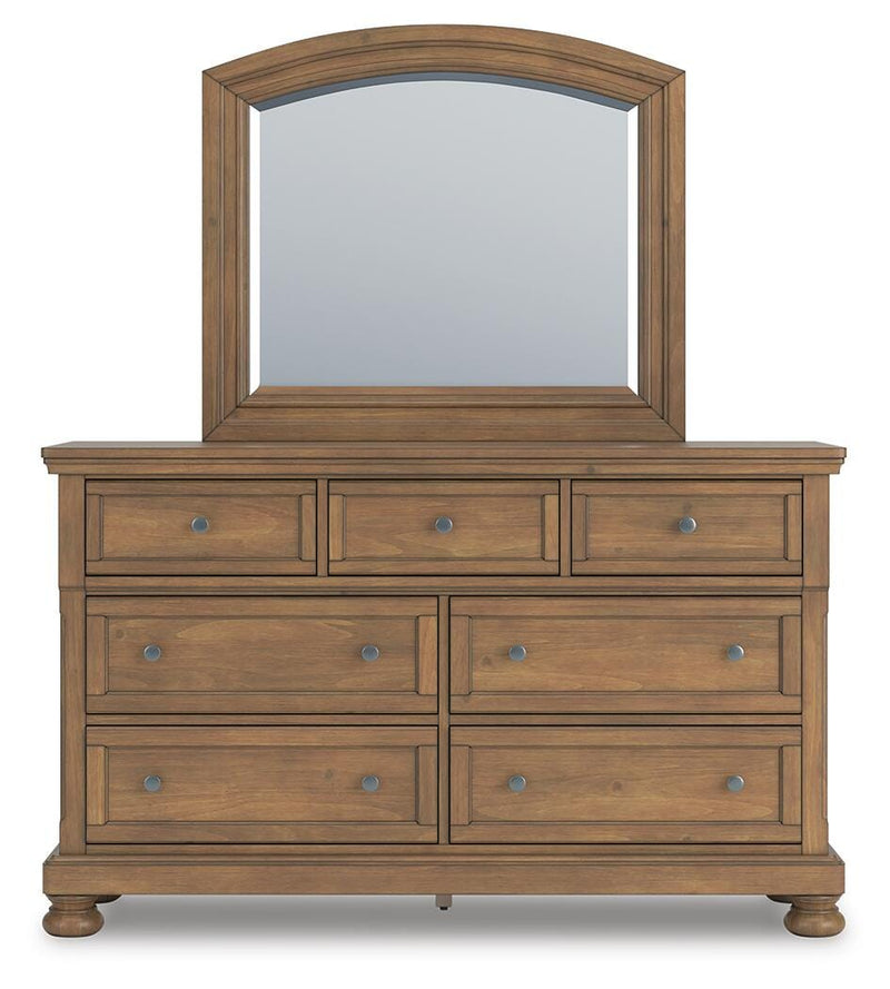 Feddinger King Storage Sleigh Bed with Mirrored Dresser and Nightstand