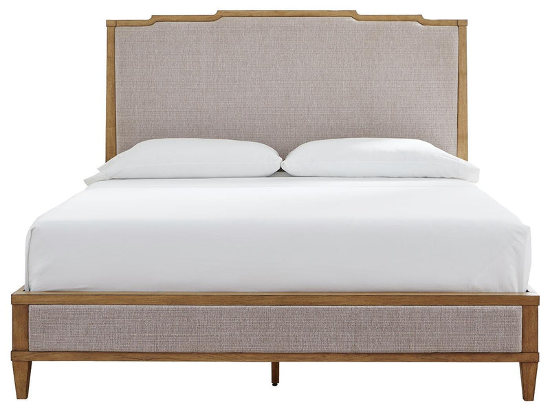 Sharlance California King Upholstered Panel Bed, Dresser and Mirror