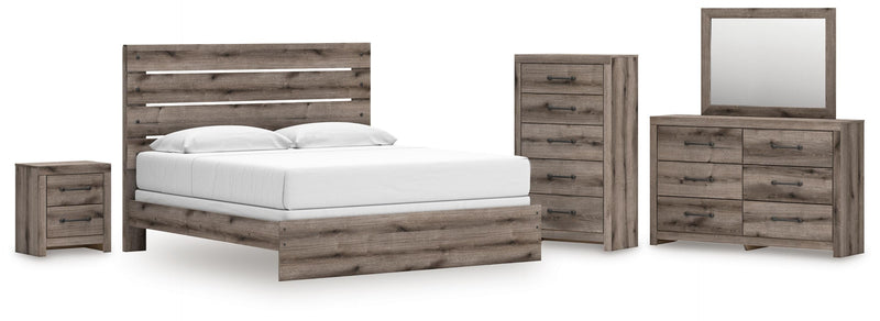 Graystorm King Panel Bed, Dresser, Mirror, Chest and Nightstand