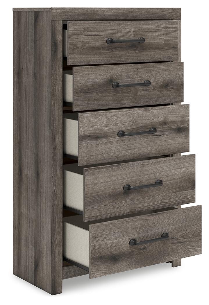 Graystorm Queen Panel Bed, Dresser, Mirror, Chest and Nightstand