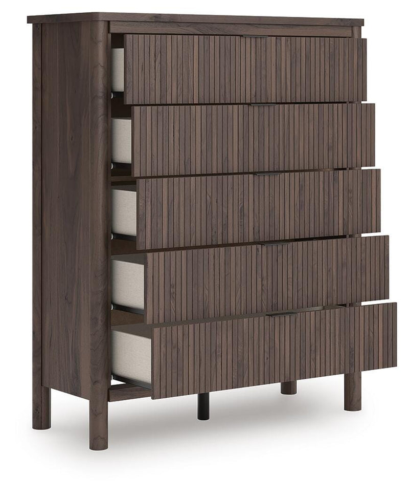 Pamytta Full Upholstered Panel Bed, Dresser, Mirror, Chest and Nightstand