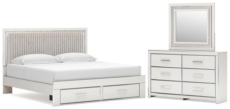 Zuraleus King Upholstered Panel Platform Storage Bed, Dresser and Mirror