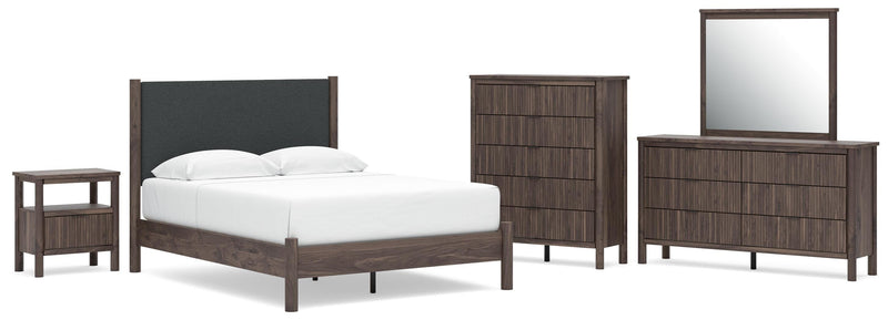 Pamytta Queen Upholstered Panel Platform Bed, Dresser, Mirror, Chest and Nightstand