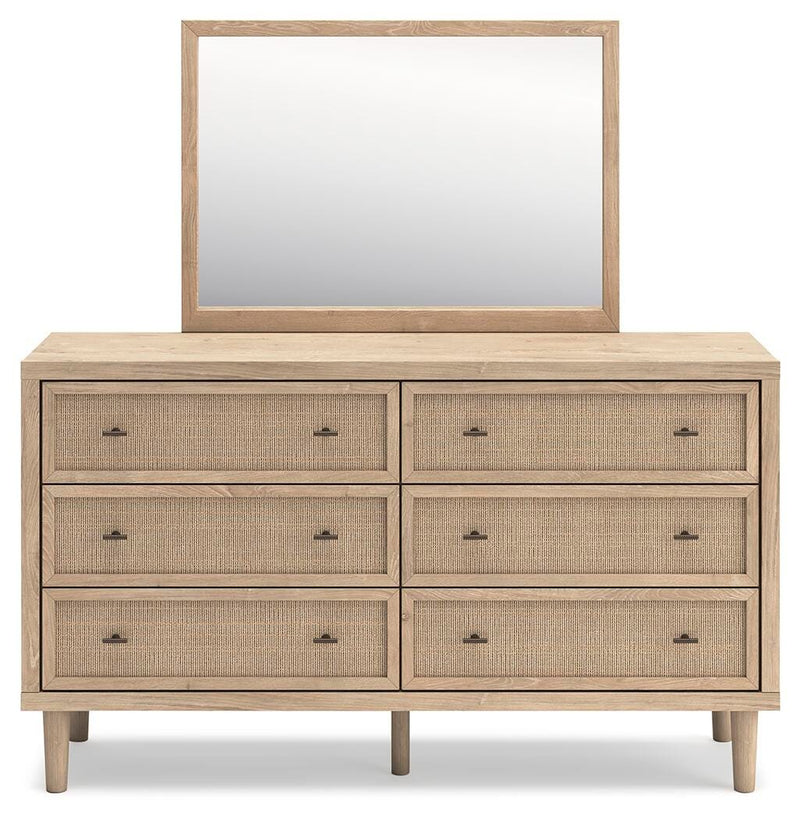 Cielden Queen Upholstered Bed with Roll Slats, Dresser, Mirror, Chest and Nightstand