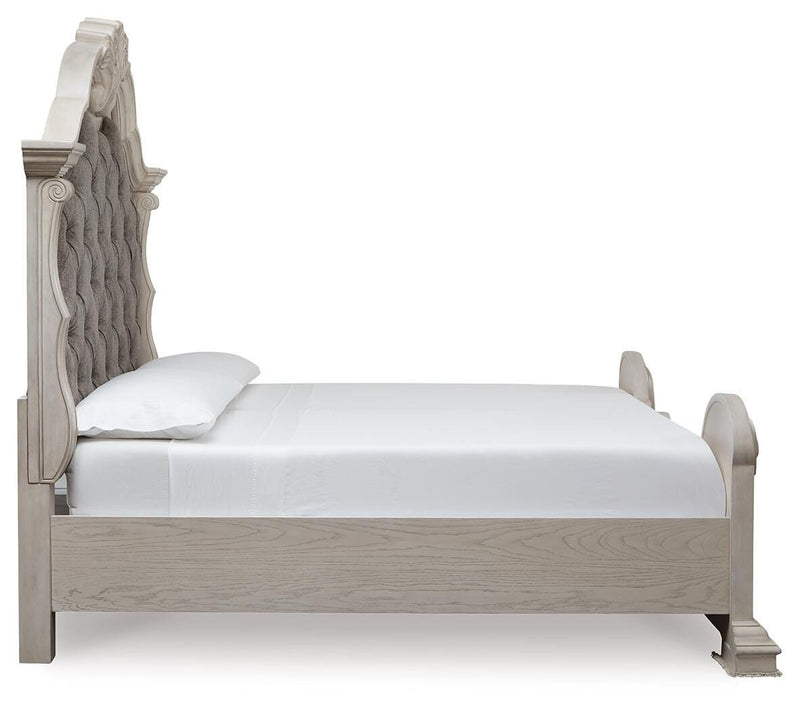 Bruchandi King Upholstered Panel Bed with Mirrored Dresser