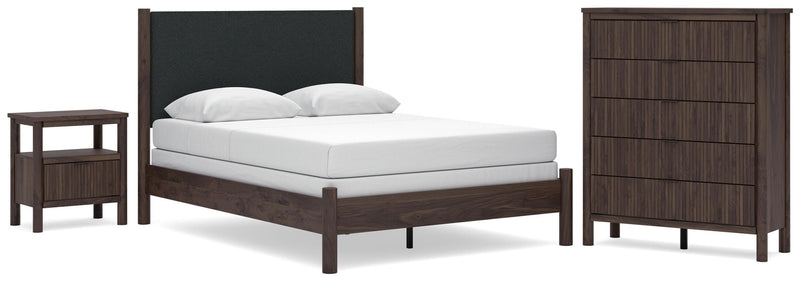 Pamytta Queen Upholstered Panel Bed, Dresser, Mirror and Nightstand