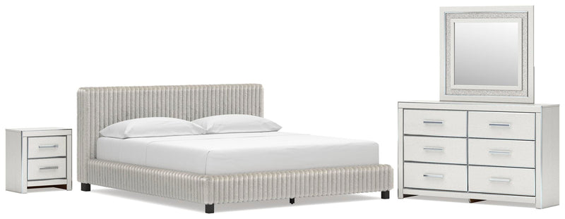 Zuraleus California King Upholstered Bed, Dresser, Mirror and Nightstand