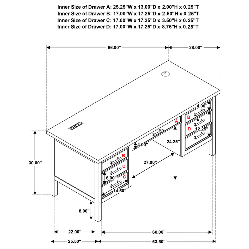 Vermes 66-inch 7-drawer Computer Desk with Power Outlet Light Ash