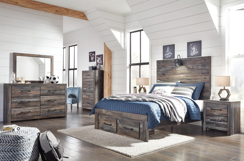 Drystan Full Panel Bed with 2 Storage Drawers with Mirrored Dresser