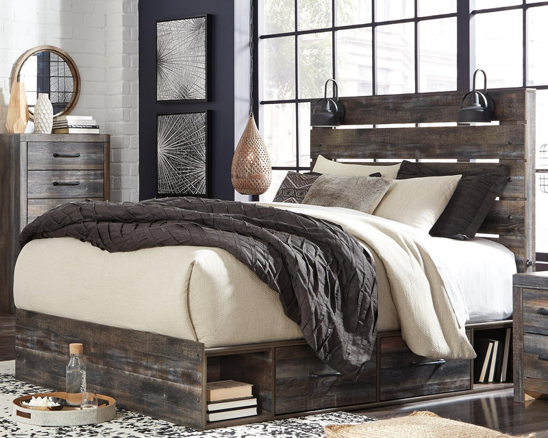 Drystan Queen Panel Bed with 2 Storage Drawers, Dresser, Mirror, Chest and Nightstand