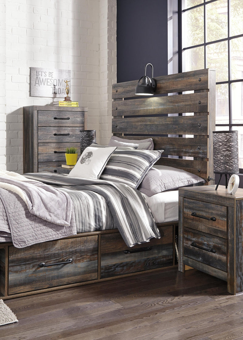 Drystan Full Panel Bed with 4 Storage Drawers with Mirrored Dresser
