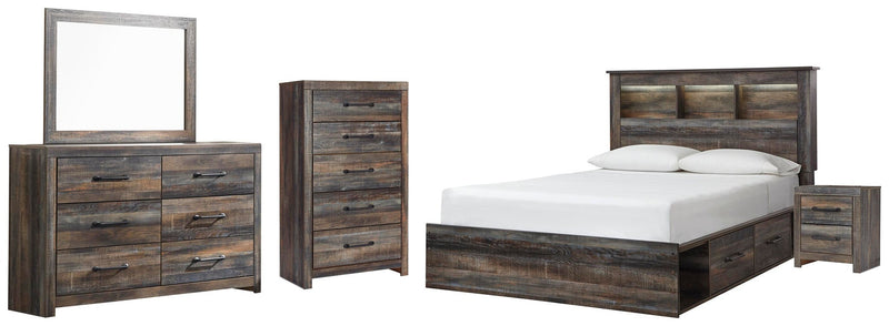 Drystan Queen Bookcase Bed with 2 Storage Drawers, Dresser, Mirror, Chest and Nightstand