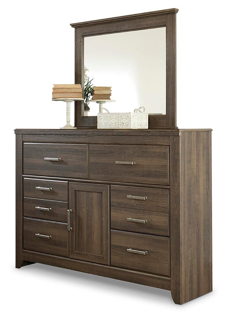 Juararo King Poster Bed with Mirrored Dresser and Nightstand