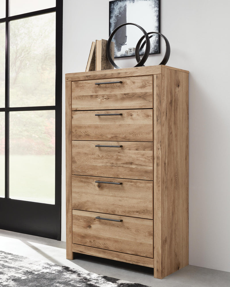 Hyanna King Panel Storage Bed, Dresser, Mirror, Chest and Nightstand