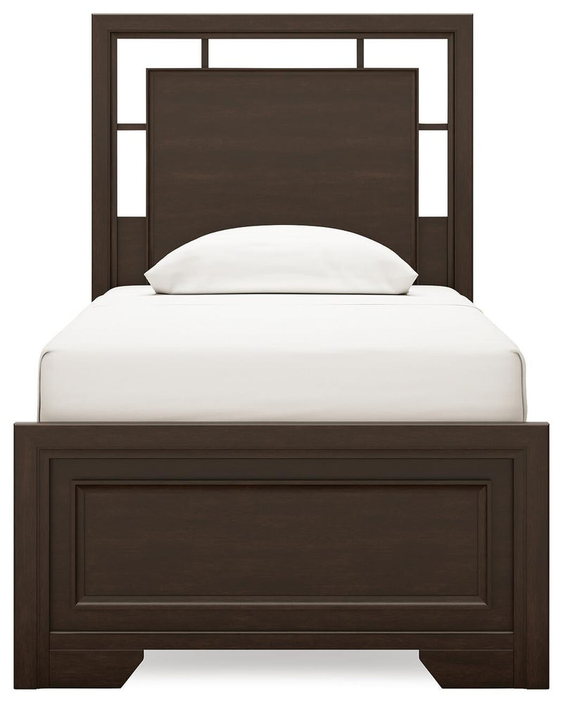 Covetown Twin Panel Bed with Mirrored Dresser and Nightstand