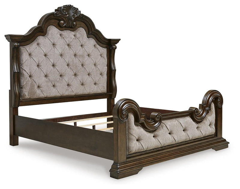 Maylee King Upholstered Bed with Mirrored Dresser and Nightstand