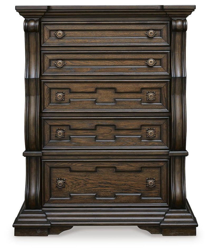 Maylee Queen Upholstered Bed, Dresser, Mirror, Chest and Nightstand
