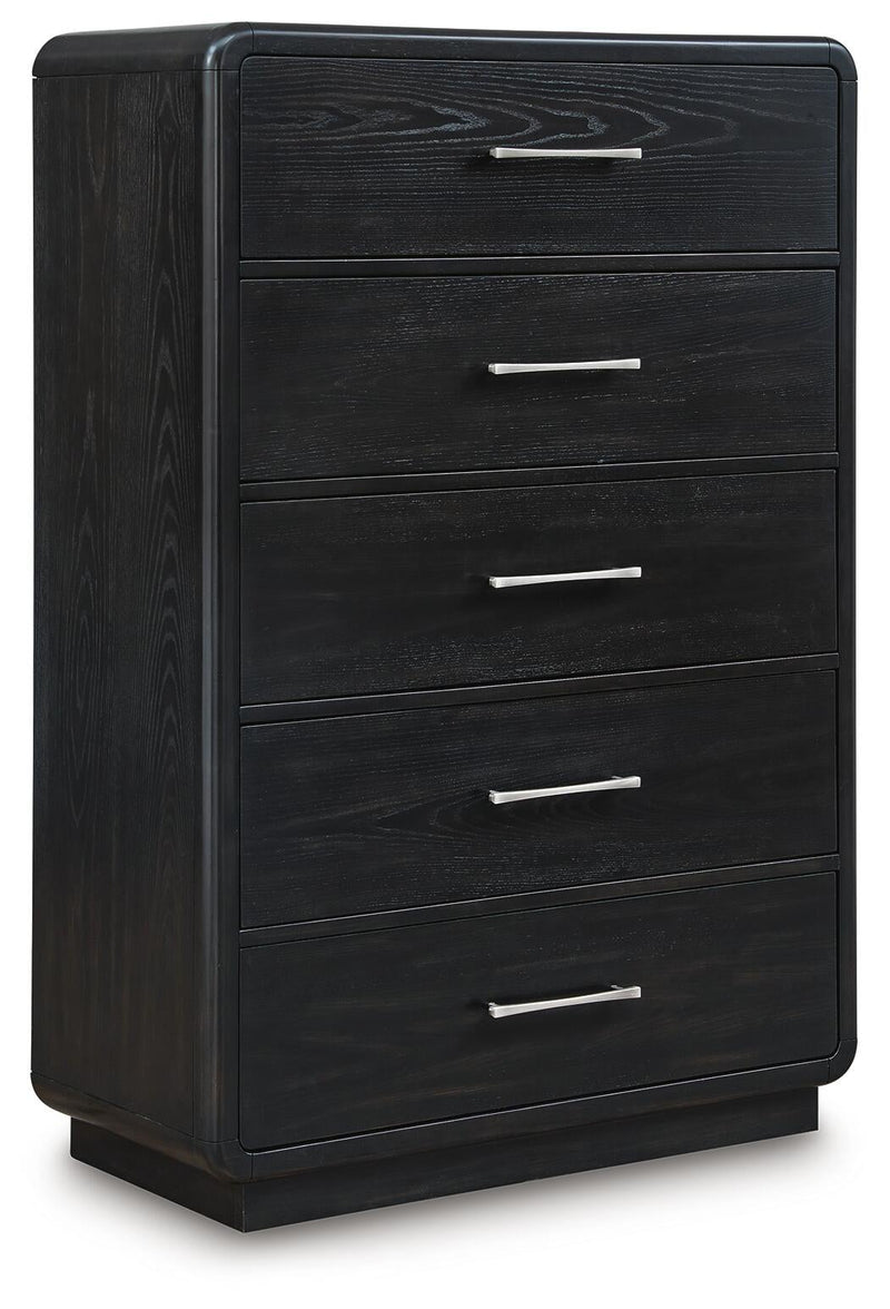 Rowanbeck King Upholstered Panel Bed, Dresser, Mirror, Chest and Nightstand
