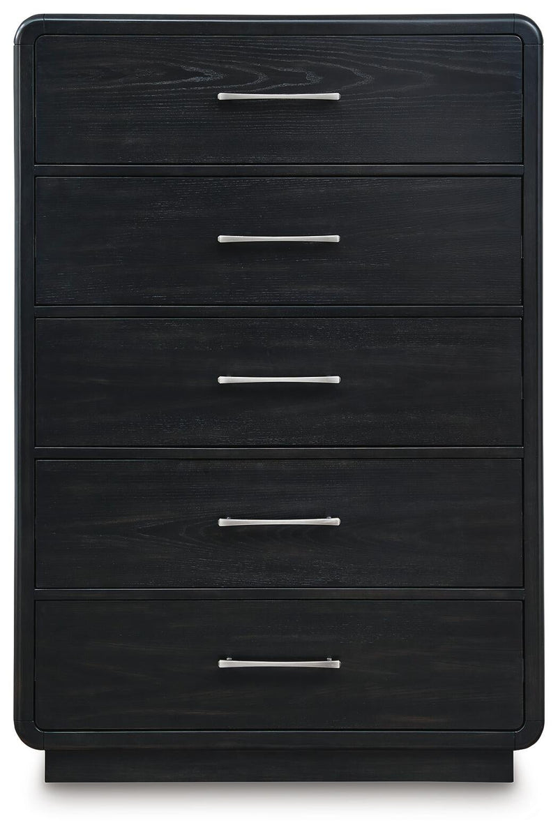 Rowanbeck California King Upholstered Panel Bed, Dresser, Mirror, Chest and Nightstand