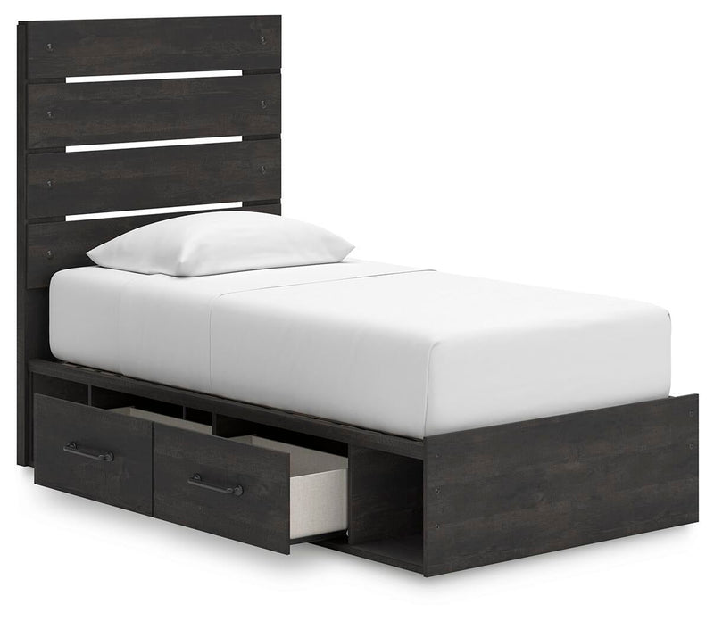 Delmorta Twin Panel Bed with Storage, Dresser, Mirror, Chest and Nightstand