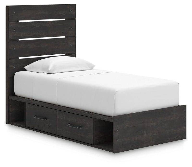 Delmorta Twin Panel Bed with Storage, Dresser, Mirror, Chest and Nightstand