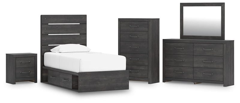 Delmorta Twin Panel Bed with Storage, Dresser, Mirror, Chest and Nightstand