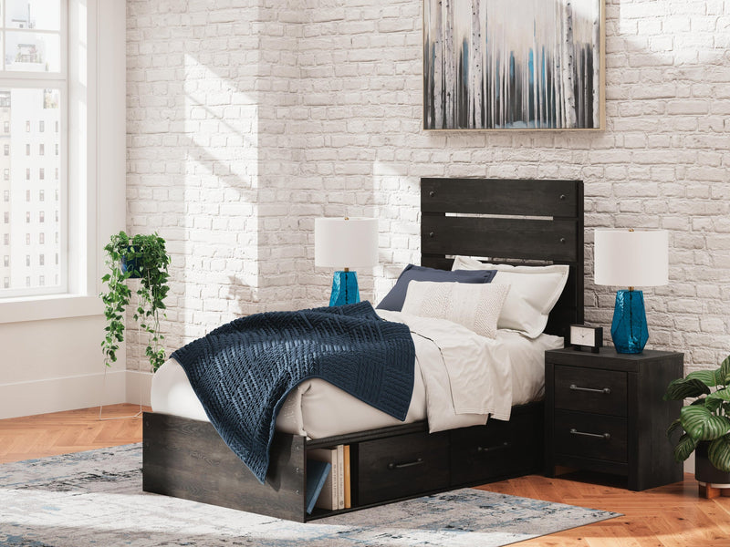 Delmorta Twin Panel Bed with Storage, Dresser, Mirror, Chest and Nightstand