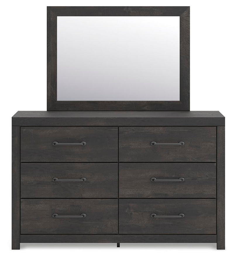 Delmorta Full Panel Bed with Storage, Dresser and Mirror