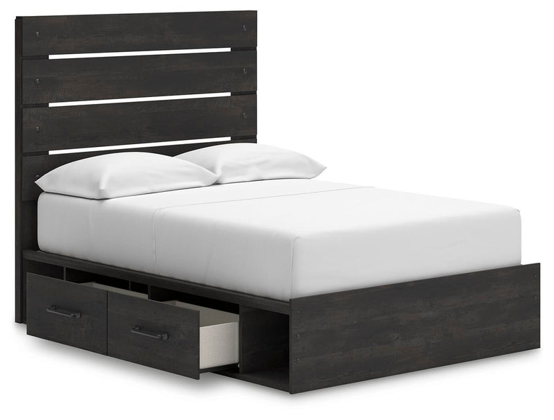 Delmorta Full Panel Bed with Storage, Dresser and Mirror