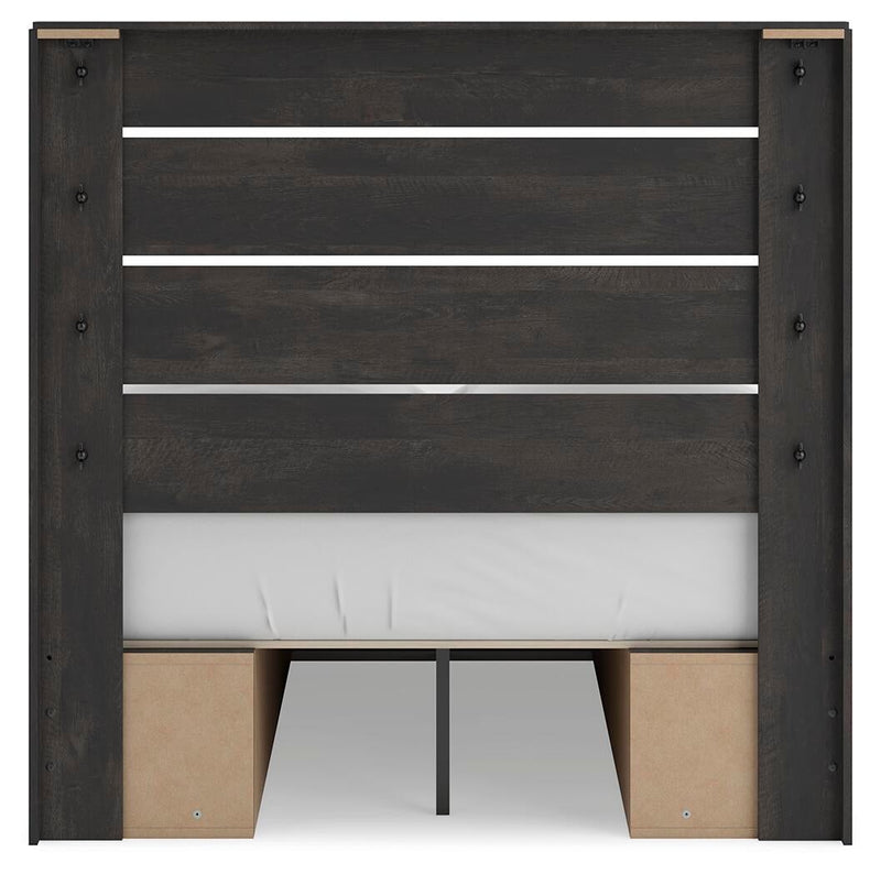 Delmorta Full Panel Bed with Storage, Dresser and Mirror