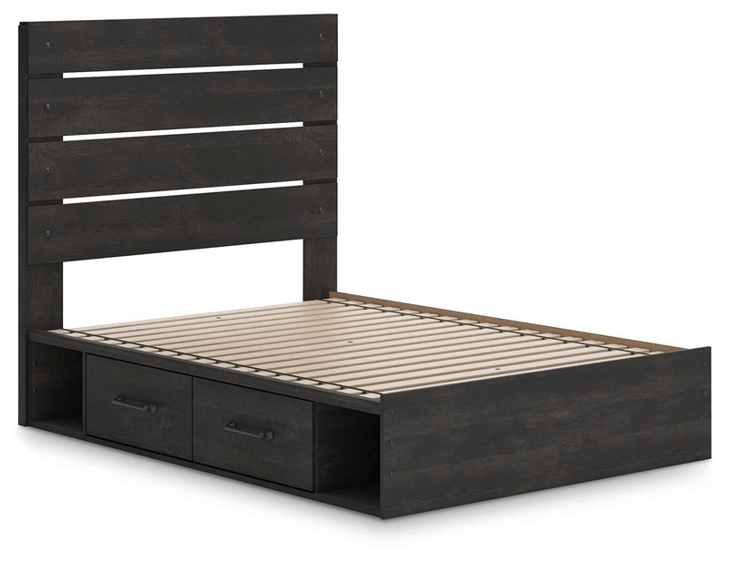 Delmorta Full Panel Bed with Storage, Dresser and Mirror