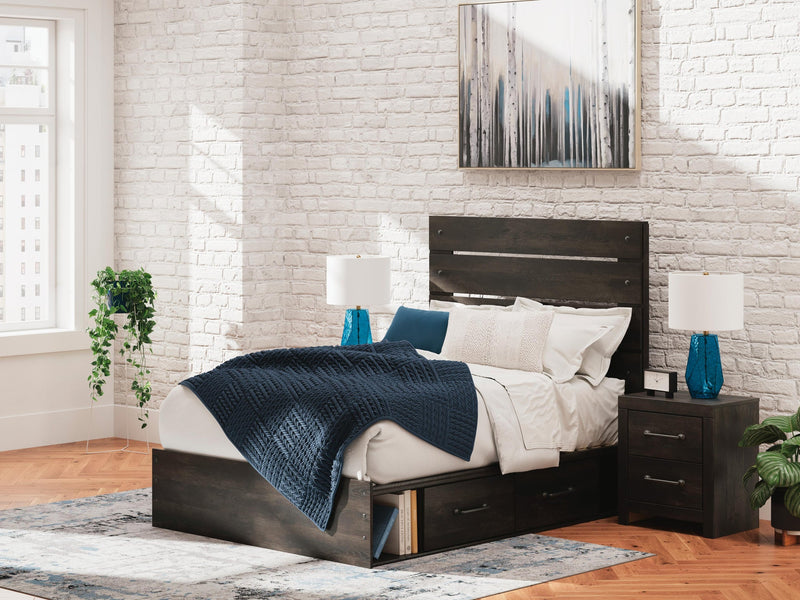 Delmorta Full Panel Bed with Storage, Dresser and Mirror