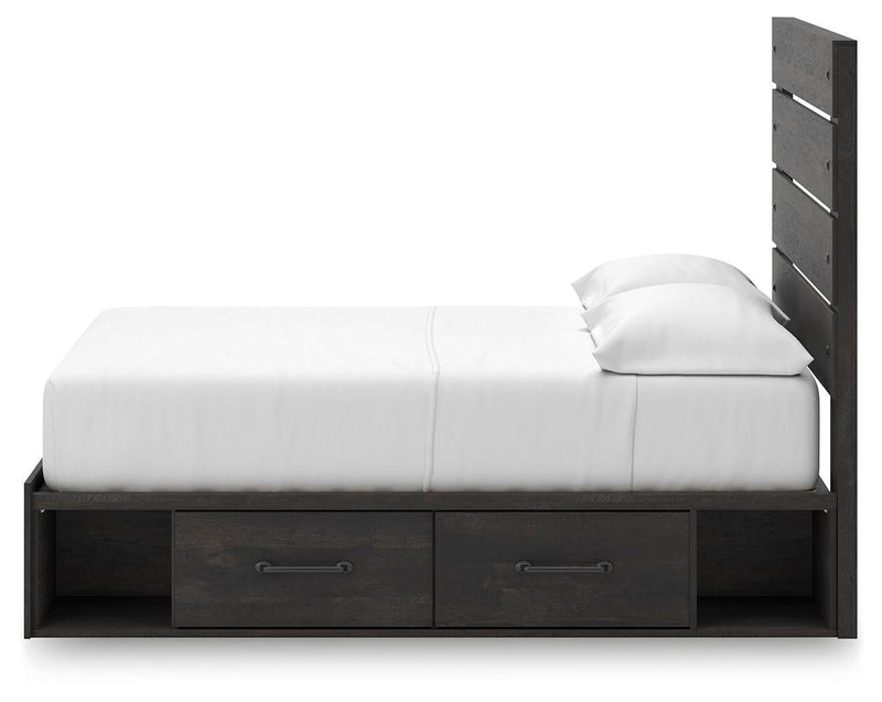Delmorta Full Panel Bed with Storage, Dresser and Mirror