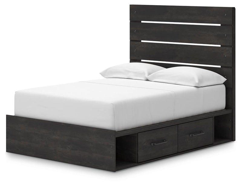 Delmorta Full Panel Bed with Storage, Dresser, Mirror and Nightstand